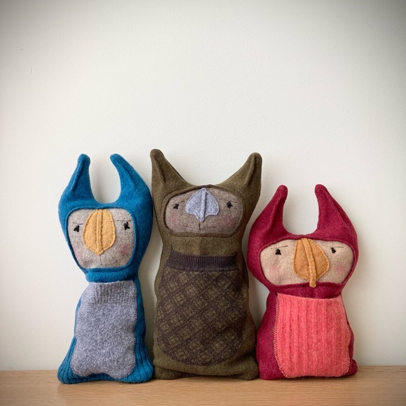 lucky cat 100% wool cashmere sweater doll rustic pillow folk art blue tan kitty - Picture 7 of 9